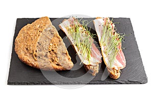 Bread sandwiches with jerky meat and lard with onion microgreen isolated on white. side view, close up