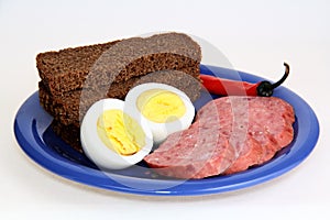 Bread, sausage, eggs and red peppers on blue plate