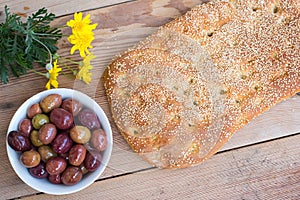 Bread with sesame, without dough, Greek traditional bread called lagana, for the Clean Monday