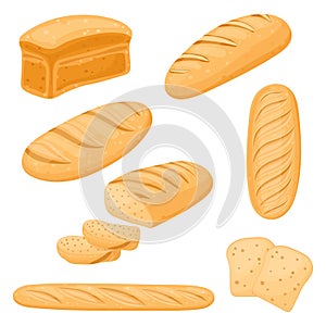 Bread set, bakery icon, sliced fresh wheat bread. Vector isolated on a white background