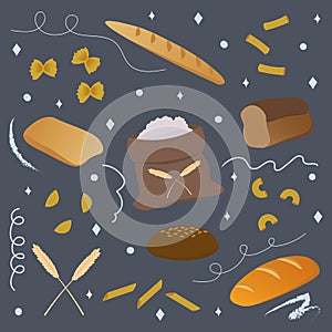 Bread set in flat style with doodle elements