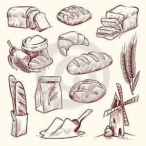 Bread sketch. Flour mill baguette french bake bun food wheat traditional bakery basket grain pastry toast slice set