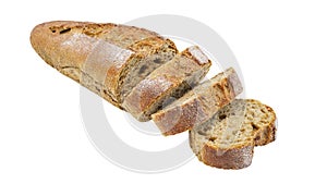 Bread sliced, dark, long loaf isolated on a white background with clipping path, element of packaging design