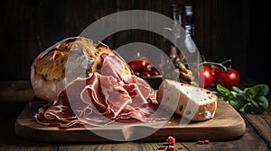 Bread with slices jamon serrano for lunch table. Summer picnic time over wooden rustic background. Generative AI