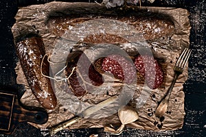 Bread, smoked sausage and garlic.