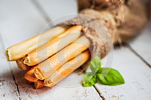 Bread stocks on wooden background