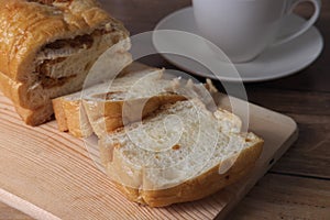 Bread stuffing with pork on wooden background