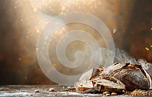 bread on a table with smoke and light
