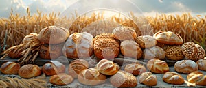 Bread on table in wheat field. Freshly baked buns and rolls on tablecloth in wheat field