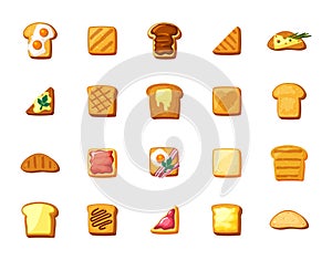 Bread toast and sandwiches set. Toasted snacks with scrambled eggs and butter light snack with cheese and green onions