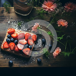 Bread toast with strawberries and blueberries on wooden rustic background