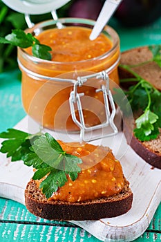 Bread toasts with eggplant caviar. Vegan meal. Healthy vegetarian food.