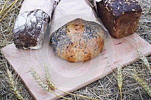 Bread with wheat spikelets outdoors