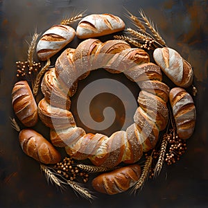 Bread and wheat wreath, a staple food decoration on a table