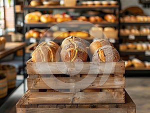 Bread in wooden crates on display in a bakery