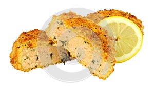 Breadcrumb covered salmon fish cakes photo