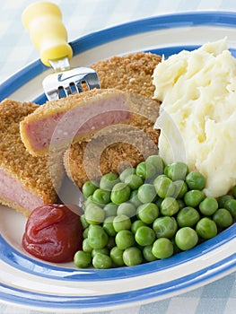 Breadcrumbed Luncheon Meat with Mashed Potato Peas