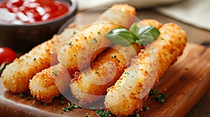 Breaded cheese sticks on the table. Selective focus.