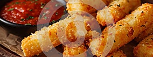 Breaded cheese sticks on the table. Selective focus.