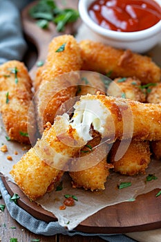 Breaded cheese sticks on the table. Selective focus.