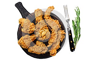 Breaded chicken drumstick, leg, wing and breast tenders strips. Isolated on white background, Top view.
