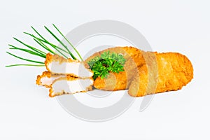 Breaded Chicken Inner Fillet on a White Background,Chicken Breaded Raw Meat.Chicken Breaded Fillet. Breaded chicken