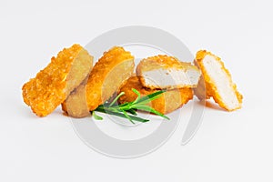 Breaded Chicken Inner Fillet on a White Background,Chicken Breaded Raw Meat.Chicken Breaded Fillet. Breaded chicken