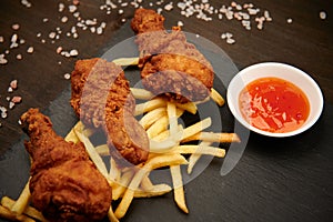 Breaded legs with fries and red sauce