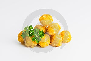 Breaded chicken nuggets. Breaded Chicken Inner Fillet with green lettuce leaves on a White Background,Chicken Breaded