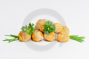 Breaded Chicken nuggets Fillet with salad on a White Background,food at home. Fast homemade food.Chicken breaded