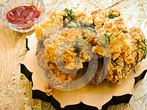 Breaded Crispy fried kentucky chicken tasty dinner.Close up Gourmet Main Dish for Dinner with Crispy Fried Chicken.