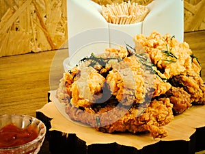 Breaded Crispy fried kentucky chicken tasty dinner.Close up Gourmet Main Dish for Dinner with Crispy Fried Chicken.