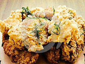 Breaded Crispy fried kentucky chicken tasty dinner.Close up Gourmet Main Dish for Dinner with Crispy Fried Chicken.