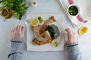 Deep Fried Breaded Whole Fish with Sauteed Greens