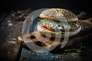 Breaded Fish Sandwich with crumbed fillet of fish on wooden board. Fish burger Close up. generative ai