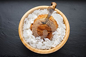 Breaded fried chicken leg with white rice
