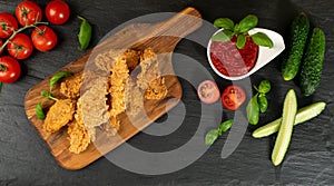 Breaded Fried Chicken Wings, Fingers and Drumstick