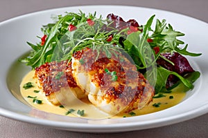 Breaded fried cod fish fillet with salad and sauce