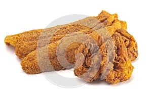Breaded and Fried Fish Fillets and Shrimp on a White Background