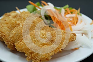 Breaded Fried Fish steak on white plate