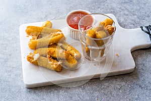 Breaded Fried Mozzarella Cheese Sticks with Ketchup Dipping Sauce