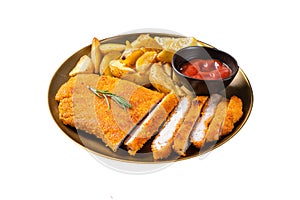 Breaded german weiner schnitzel with potato wedges. Isolated on white background. Top view.