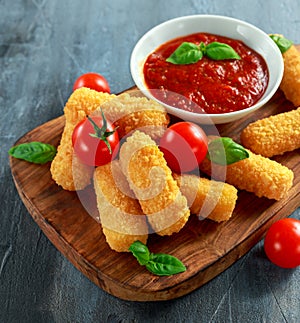 Breaded mozzarella cheese sticks with tomato basil sauce