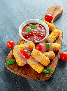 Breaded mozzarella cheese sticks with tomato basil sauce