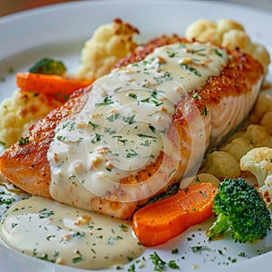 Breaded Salmon, Trout Fillet in Cream Sauce, Red Fish Meat with Cauliflower and Carrots Closeup