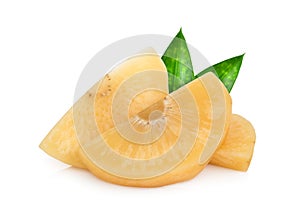 Breadfruit in syrup with green leaf isolated on white