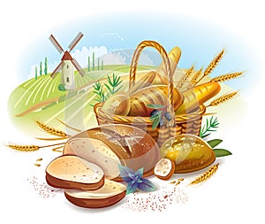 Breads in basket against landscape