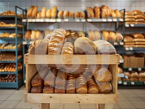 Breads on display in a bakery