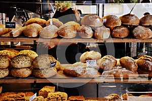 Breads on display in a bakery