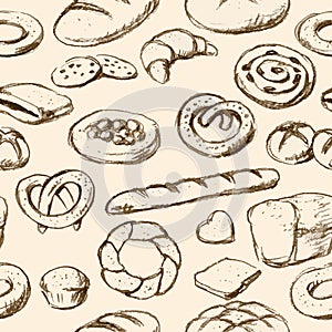 Breads and pastries hand drawn tilable background